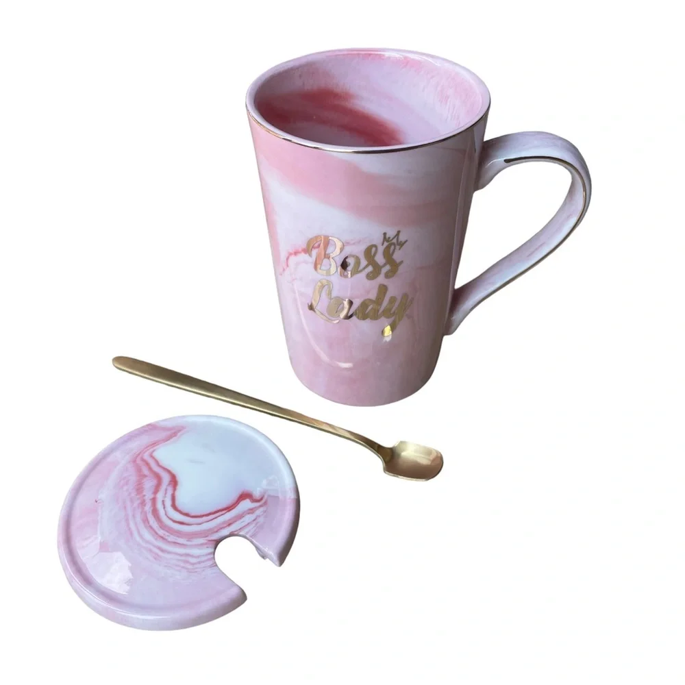 Boss Lady Ceramic Mug With Lid and Long Spoon Pink and White Marble 14 oz. - Picture 3 of 12